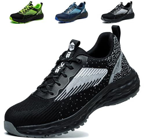 Zapatos De Seguridad Hombre Mujer Calzado de Trabajo con Punta de Acero Ligero Comodo Zapatillas Seguridad Transpirables Negro EU 40