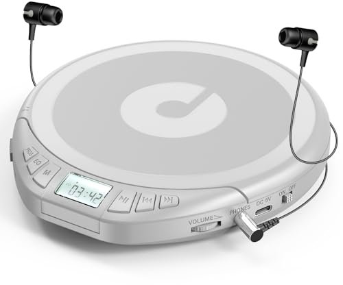 Gueray CD Player Tragbar Kinder Tragbarer CD-Player fürs Auto Discman mit Kopfhörer LCD-Display Unterstützung ASP PROG Speicherfunktion Repeat-Funktion Sound-Effekt Silber