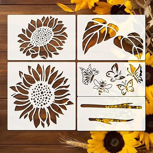 Garden Fence Large Flower Stencils - Reusable Floral Stencil DIY Decoration for Painting on Wood Walls Pattern, Jumbo Sunflower Yard Spray Paint Big Crafts Floor Stencils (D-5 Sunflower Butterflies)