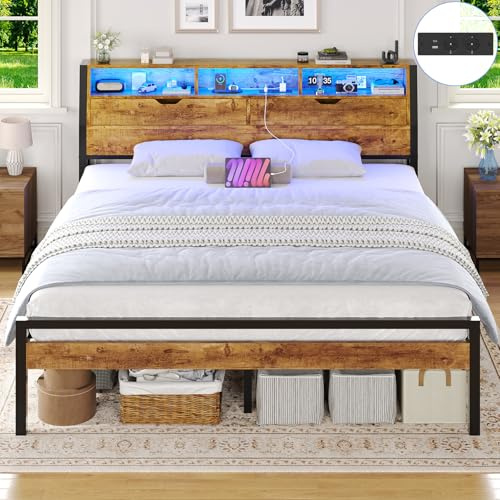 Brinlawb Struttura Letto 160x200cm con testiera, Letto Matrimoniale con Luce LED e Stazione di Ricarica (2 prese CA, 1 presa USB, 1 presa Type-C) Robusta Struttura Metallica del Letto, Marrone Vintage