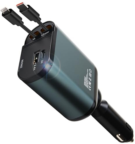 Caricatore Auto USB C 120W Retrattile PD 3.0 con 4 Porte – Caricabatterie Auto per i-Phone 16/15 Pro Max, Galaxy S25, i-Pad, Accessori Auto e Viaggio, Caricamento Rapido e Sicuro, Accendisigari 12V