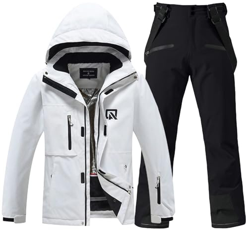 HOUZONIY Combinaison de neige pour femmes, ensemble veste de ski et pantalon de ski, combinaison de neige imperméable, veste d'hiver chaude avec capuche amovible pour le ski et le snowboard, M
