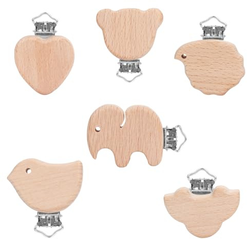 Fogbush 6 stycken nappklämmor trä, nappkedjor, klämma, nappkedja diy, barnvagnskedja gör-det-själv hantverk, djur makeup-kedjor napphållare