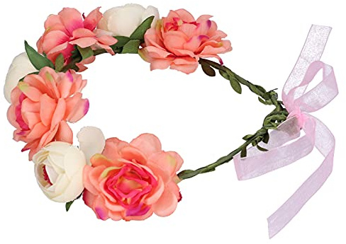 Cryfokt Hårkrans med Blommig Krona Justerbart Pannband för Kvinnor, Charmig Blomsterkrans för Speciella Tillfällen, Slitstark Polyesterdesign (korall beige)