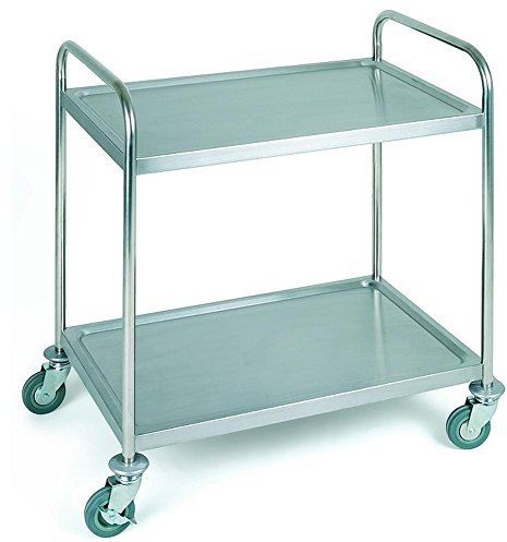 Carro de servicio APS, acero inoxidable Carro de transporte, carro de servicio con dos estantes, ancho x fondo x alto: 91 x 59 x 93 cm, distancia entre estantes aprox. 56 cm, 4 ruedas giratorias, 2 con topes, carro con carga máxima de 80 kg