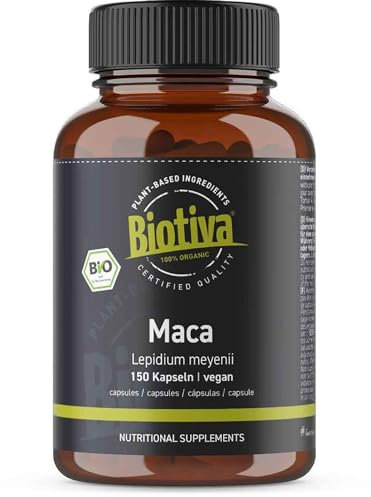 Biotiva Maca Bio - 150 Kapseln mit je 500mg - Lepidium Meyenii - Macapulver - ohne Zusätze - Abgefüllt und kontrolliert in Deutschland (DE-ÖKO-005) - Vegan - Direkt vom Hersteller