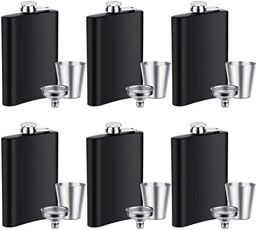Elcoho 6 Sets 8 Ounce Stainless Steel Hip Flask Fluid-tight Flask Set with 6 Pieces Stainless Steel Shot Cups and Funnel