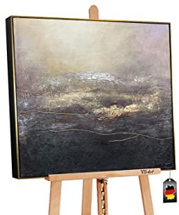 YS-Art Quadro con Cornice Realizzato a Mano Pittura acrilica su Tela Illusione Immagini Decorazione casa Arte murale Oro Colori Marroni 90x90 cm