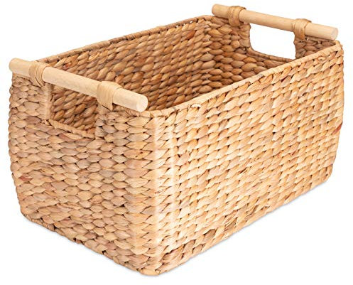 Decorasian Korb Aufbewahrung geflochten aus Wasserhyazinthe - Seegras lang und schmal mit Holzgriff Natur