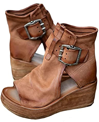 Onsoyours Sandalias con Cuña Tacón Plataforma Alta con Tira Ancha Grueso Sandalias Punta Abierta Cuero Fondo Romanas Hebilla Marrón 36