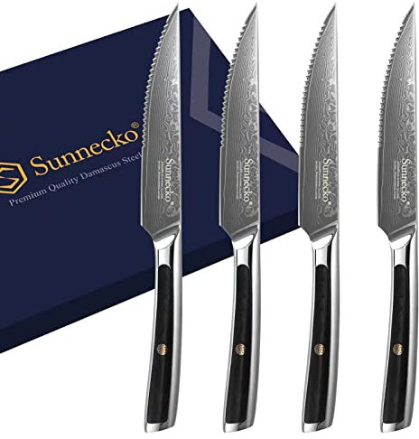 Sunnecko Damascus Steak Knife Set of 4, Serrated Knife with VG-10 Damascus Steel Forged Blade, Steak Knives with G10 Handle Tableware Cutlery Set