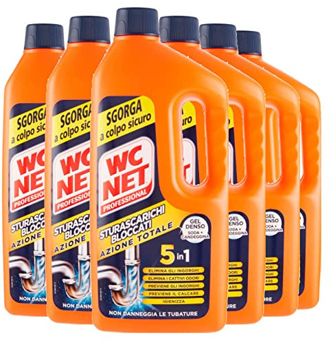 Wc Net Professional - Sturascarichi 5 Azioni in 1, Disgorgante Gel per Scarichi Professionale, con Agenti Salvatubi e Anticalcare, 1000 ml x 6 Confezioni