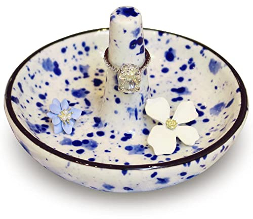 LZBALUYO Wedding Ring Holder - Ceramic Ring Stand With Jewelry Plate, Blue Dots Jewelry Holder for Rings, Earrings, Necklace Organizer - Gift for Mom, Bridesmaid, Engagement