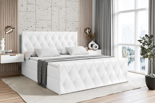 ALTDECOR Boxspringbett mit Matratze und Lattenrost, Boxbett, Fußteil, Topper, Polsterbett mit Bettkasten, Bett mit Stauraum H3-Matratze, Doppelbett, Springboxbett - Amay - 180x200 Weiß Kunstleder