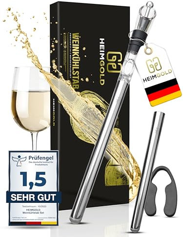 HEIMGOLD Weinkühlstab Premium 5-in-1 Weinkühler Set inkl. 2 Weinkühlstäbe aus Edelstahl, Dekanter mit Ausgießer, Weinverschluss und Folienschneider | Elegante Geschenke Box für Weinliebhaber Kühlstab