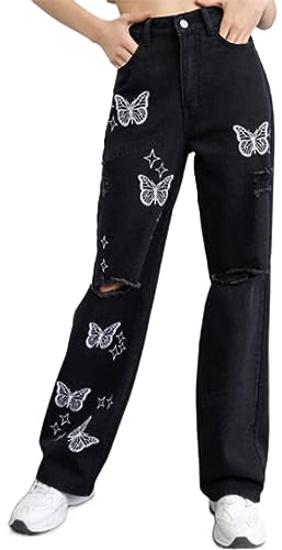 Harajuku Pantalon tendance – Jean destroyed pour femme avec motif papillon Y2K Jeans avec trous Jean Boyfriend Jambe large Baggy Jeans Denim Pantalon de jogging Pantalon de loisirs, Noir , S