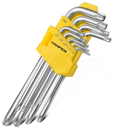 Hanpex Long Arm Torx Star Allen Wrench Set, Star Key Set T10-T50, Hex Key Set Chrome Vanadium Steel(Cr-V), Tamperproof TORX L- Key Set (9-Piece)