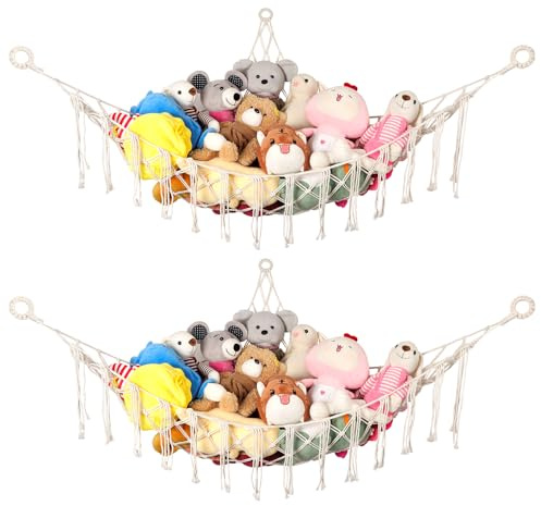 WUFANC Söt Förvaringsnät för Leksaker 2 Pack, Bohemisk Plush Förvaringsnät för Barnrum Dekoration - Söta Förvaringsnät för Enkel Organisering och Förvaring av Plush Leksaker