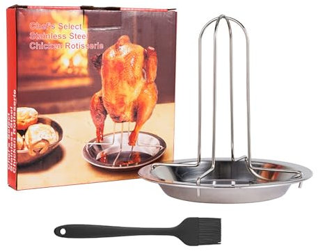 Asador De Pollos,Vertical Bandeja Barbacoa,Asador Giratorio Barbacoa Parrilla de Acero Inoxidable Con Cepillo de Aceite Cocina Para Horno Parrilla Camping Utensilios de Cocina al Aire Libre