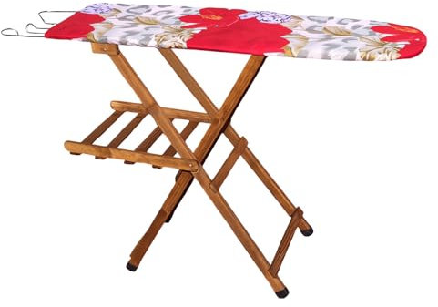 Tavolo Asse da Stiro EMPOTEC in Legno di Pino con Ripiano Porta Ferro e Porta Panni Tessuto Fantasia Colori Assortiti 133x36x94cm