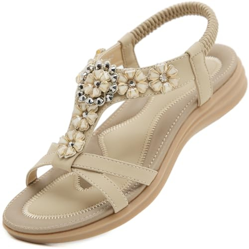 Acfoda Sandali Donna Estive Piatto Eleganti Infradito Bohemia Sandalo de Spiaggia Casual Comodi Scarpe Bassi Ortopedici Sandale Beige 41