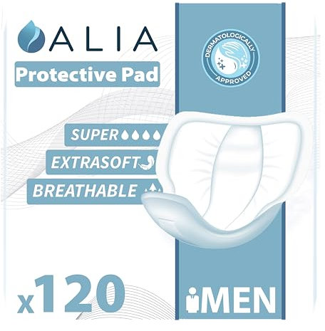 120 x ALIA Men Super Incontinence Pads | Super Absorbent Protectors | for Men of All Ages | Discrete, Soft Dermatologically Tested and Odour Free | 6 Packs of 20