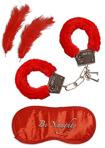 CARTOON Accessori per giochi tra amanti 3 pezzi manette in peluche mascherina 2 piume rosse giochi di coppia