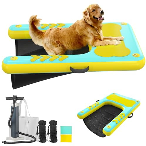 Inflatable Dog Pool Float Ramp - 60'' x 40'' Floating Dock Platform for Dogs Up to 240 lbs, Non-Slip EVA Floating Platform with Water Ramp Ladder Dog Pool Ramps Float for Pool, Dock, Lake, Boat