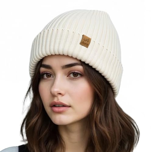 ACUSHLA Bonnet d'hiver imperméable et coupe-vent – Bonnet d'hiver en tricot doublé de polaire épaisse pour homme et femme – Bonnet de montre chaud pour temps froid, Blanc crémeux, Taille unique