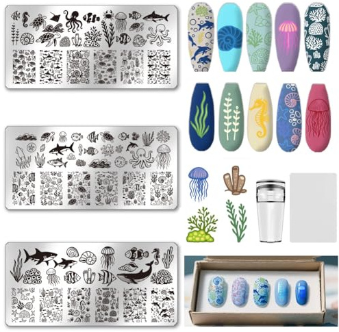 UNICRAFTALE Juego de placas de sello de uñas de verano de 3 piezas, serie océano, placa de estampación de uñas, tortugas, tiburón, medusa, concha, arte de uñas, plantilla de sello con raspador de uñas