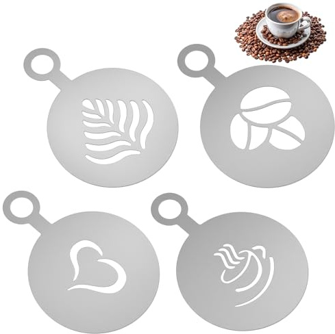 Guduling 4 Pcs Latte Art Stencils,Coffee Stencils Latte Art,Coffee Stencil with Various Patterns for Cappuccino Lattes Cake Decorating Coffees Shop and Home Use(Silver)