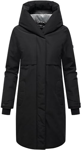 Navahoo Damen Langer Mantel warme Winterjacke mit Kapuze und magnetischen Knöpfen Domingaa 14 Black Gr. L