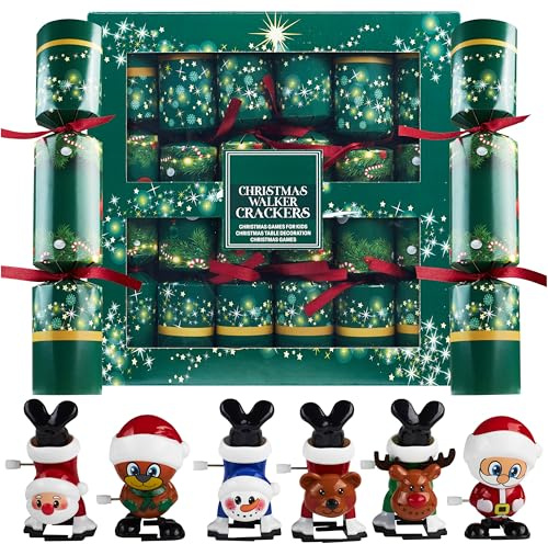KreativeKraft Crackers di Natale Pacco da 6, Minigiochi o Giocattoli a Carica per Bambini con Cappelli da Festa e Scherzi, Decorazioni Natalizie (Verde Walkers)