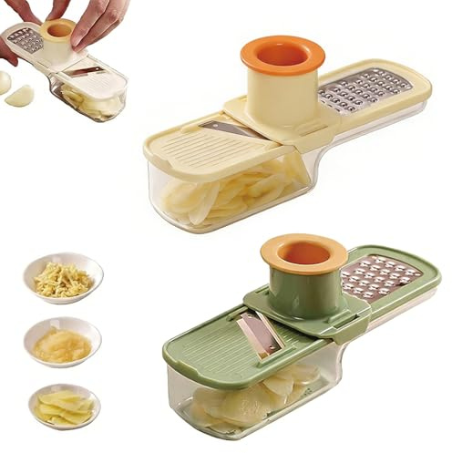 3-in-1 Garlic Press with Container | Multi-Functional Vegetable Slicer & Grinder for Ginger, Potato, Carrot | Easy-Clean Mini Shredder & Slicer, White & Green Set