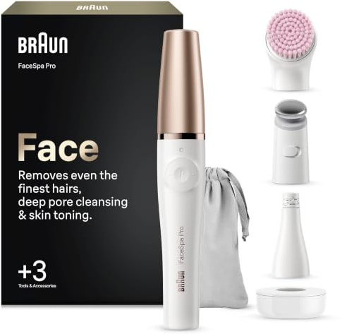 Braun FaceSpa Pro, Facial Epilator, 912, White/Bronze | 3-in-1 Cleansing & Skin Toning System, Facial Epilator & Cleansing Brush, Extra Brush Head, Waterproof, Rechargeable