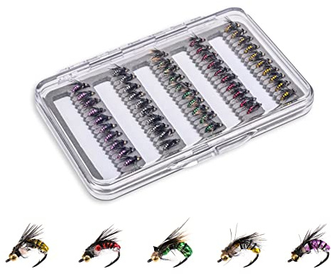 YROHGKPN 50 unids/set pesca con mosca señuelos bajo salmón trucha mosca aparejos de pesca seco/húmedo pluma señuelos moscas Kits pequeños anzuelos