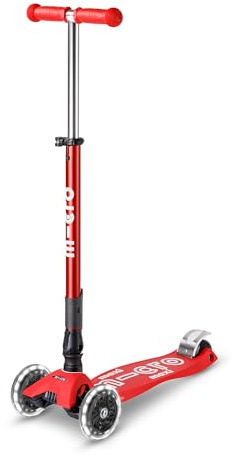 Micro Scooter | Maxi Micro Deluxe Foldable LED Kids Scooter | 5 to 12 Years | Boys & Girls | Lean-To-Steer Design | Handlebar Adjustable | Light Up LED Wheels | 50kg Weight Limit | Red