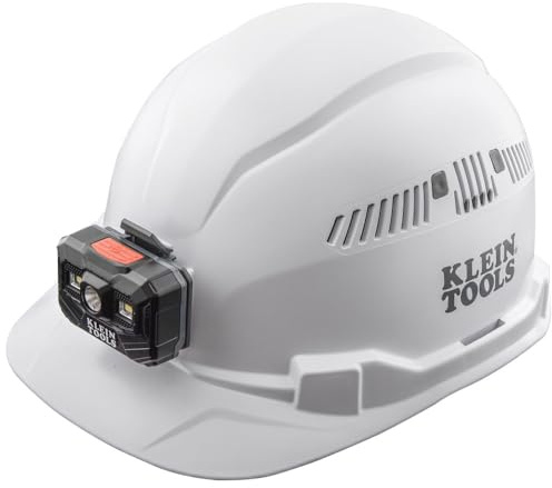 Klein Tools 60113RL Hard Hat, Rechargeable Headlamp, Vented, Cap Style, Padded Self-Wicking Odor-Resistant Sweatband, White