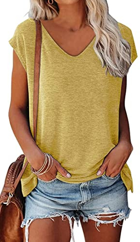OLIPHEE Camiseta Basica Mujer Verano Mangas Cortas Camiseta Elegante Blusas Casual Toppar T-Shirt Basica Amarillo XXL