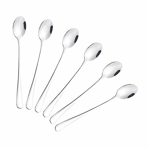 AHAD Latte Spoons Heavy Duty Dessert Long Handle Metal Coffee Spoon Set for Mixing Drinks Glasses Deep Jar Hot Chocolate Espresso Ice Cream Desserts Kitchen Utensil Silver (Pack of 6)
