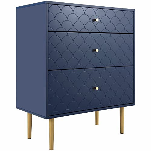 Elegante Marineblaue Kommode | 3 Schubladen | FSC®-zertifiziertes Massivholz | Verstellbare Ablage | Wohnzimmer Schlafzimmer Schrank (75 x 71x80 cm, Blau, 1)