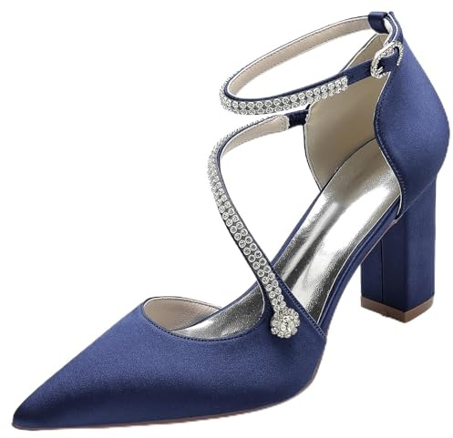 Hanfike Womens Shoes for Wedding Block High Heel Strappy Bridal Formal Party Pumps JY030 Navy Blue UK 5.5