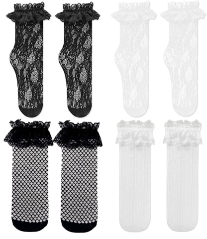 SLEEKEE 4 par damspetsstrumpor, veckade volangstrumpor, elastiska mellanvadstrumpor, ihåliga nätstrumpor (svart, vit), Svart, vit, one size
