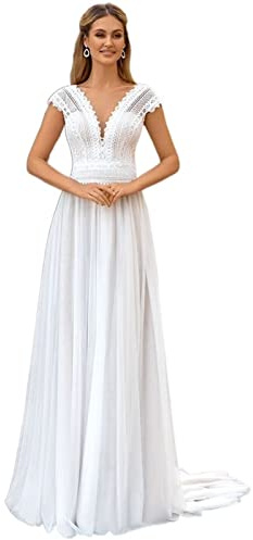 WYFDMNN Nuevo Vestido de Novia Bohemio Beach Encaje de Cuello V Vestido de Novia de Novia con Alas Y Mangas Barriendo Vestido, Blanco, 46