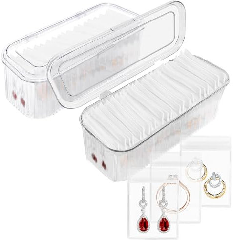 Wensdr 2 Packs Acrylic Jewellery Box Organiser with 100pcs PVC Portable Anti Oxidizing Zipper Bags Flip Lid Jewellery Organizer for Earrings Rings Necklaces Travel Jewelry Case