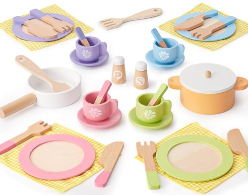 Atoylink Kinderküche Geschirr Holz Kinderküche Spielküche Zubehör mit Küchenzubehör Topfset Tischdecke Holzspielzeug Rollenspiel Geschenk für Kinder Jungen Mädchen 3 4 5 6 7 Jahre
