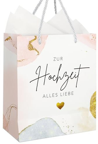 MEJOSER Geschenktüten Hochzeit 25x21x10cm Papiertüten mit Henkel 2 Seidenpapier Tüte Geschenktasche Hochzeit Rosa Hochzeitsgeschenk Verpackung Geschenke für Brautpaar Braut Bräutigam