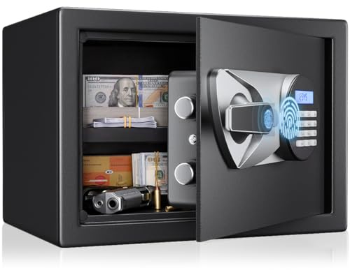 BlackSmith Home Safe Box 1.0 Cubic Feet Biometric Gun Safe Quick Access Fingerprint Security Lock Box for Cash, Jewelry with Dual Alarm System LCD Display and Fireproof Bag