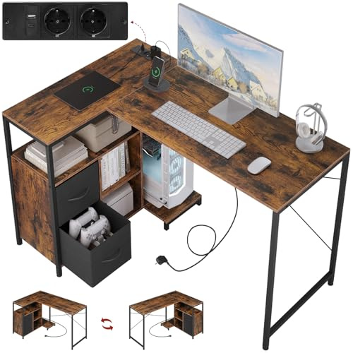 WOLTU Escritorio Esquinero en L con USB Dual - Mesa 120x80cm de Estantes Reversibles & Base Cargador, Armazón Gaming, Industrial Retro
