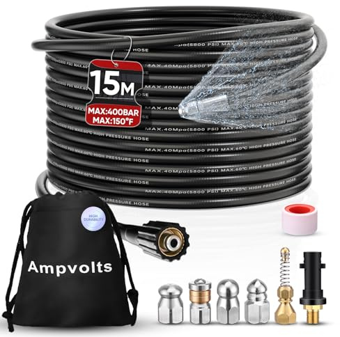 Ampvolts 15 m Sonda Sturatubi per Idropulitrice - 400 Bar/5800 PSI, 5 Ugelli e 1 Adattatore Karcher, Compatibile con Karcher K2 K3 K4 K5 K6 K7